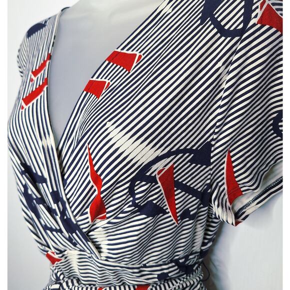Talbots Nautical Stretch Jersey Dress Large Striped Anchors Short Sleeve Preppy - Picture 5 of 7